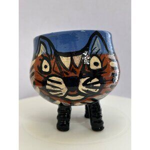 Handmade Pottery Cat Mug Sculpted Legs & Handle Blue Brown Black Whimsical Fun